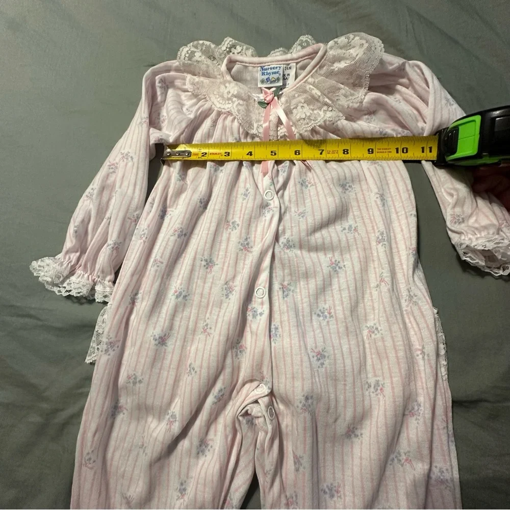 Nursery Rhyme Vintage Girls Pink Striped Floral Lace Footed Sleeper 24M USA Made